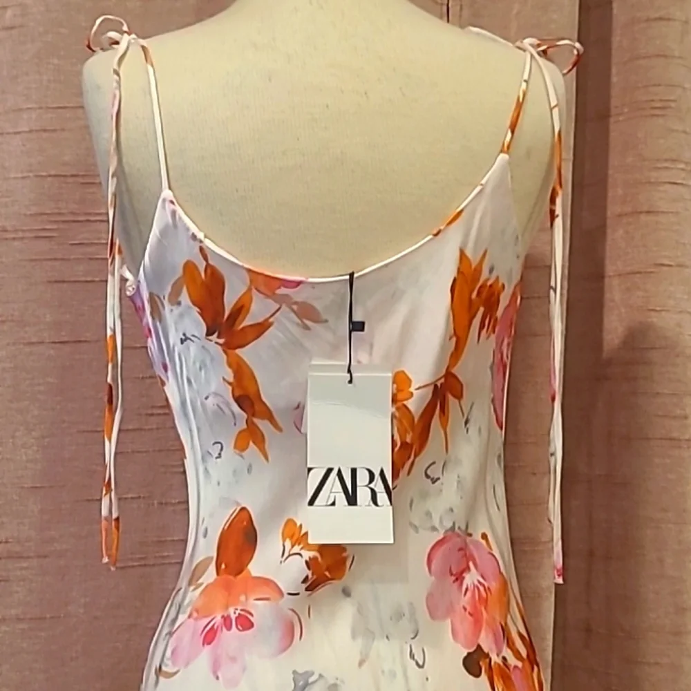 ZARA silky strappy mini dress white w/ pink/orange flowers szM  NWT - Picture 4 of 7